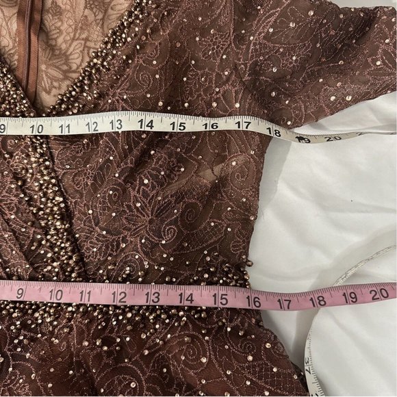 NWT $798 Mac Duggal [‎ 8 ] Embellished Long Sleeve V Neck Gown in Chocolate - Picture 14 of 16
